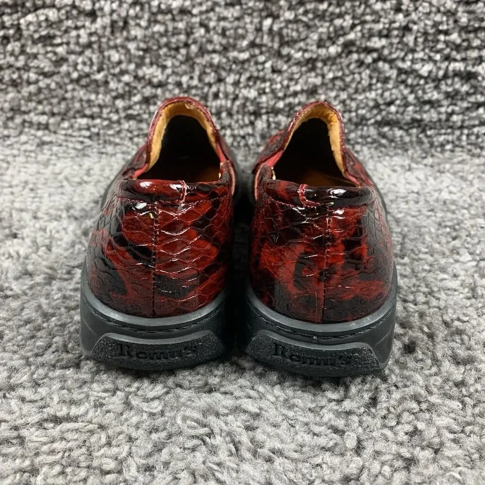 Helle Romu’s Comfort Shoes Black Red Spain Reptile Skin Loafer Slip On Sz EU 36